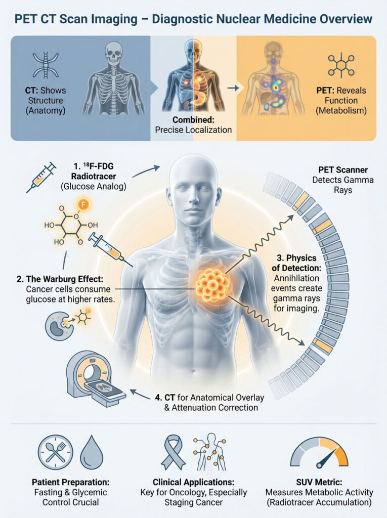 Infographic explaining PET CT scan imaging, showing anatomy, radiotracer, Warburg effect, and clinical applications.