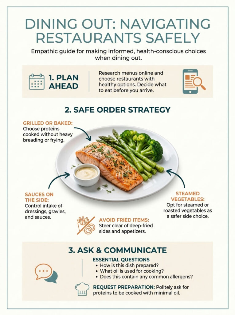 Infographic on safe dining out strategies with tips on meal planning, healthy choices, and communication.