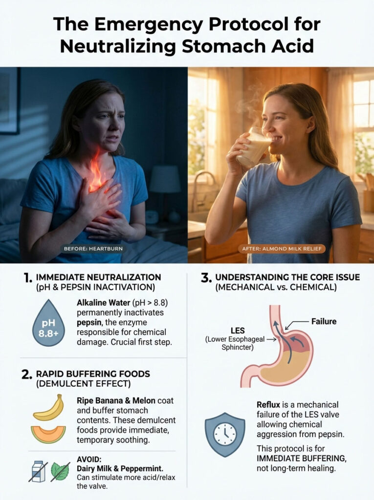 Woman experiences heartburn on the left, drinks almond milk for relief on the right; infographic explains neutralizing stomach acid.