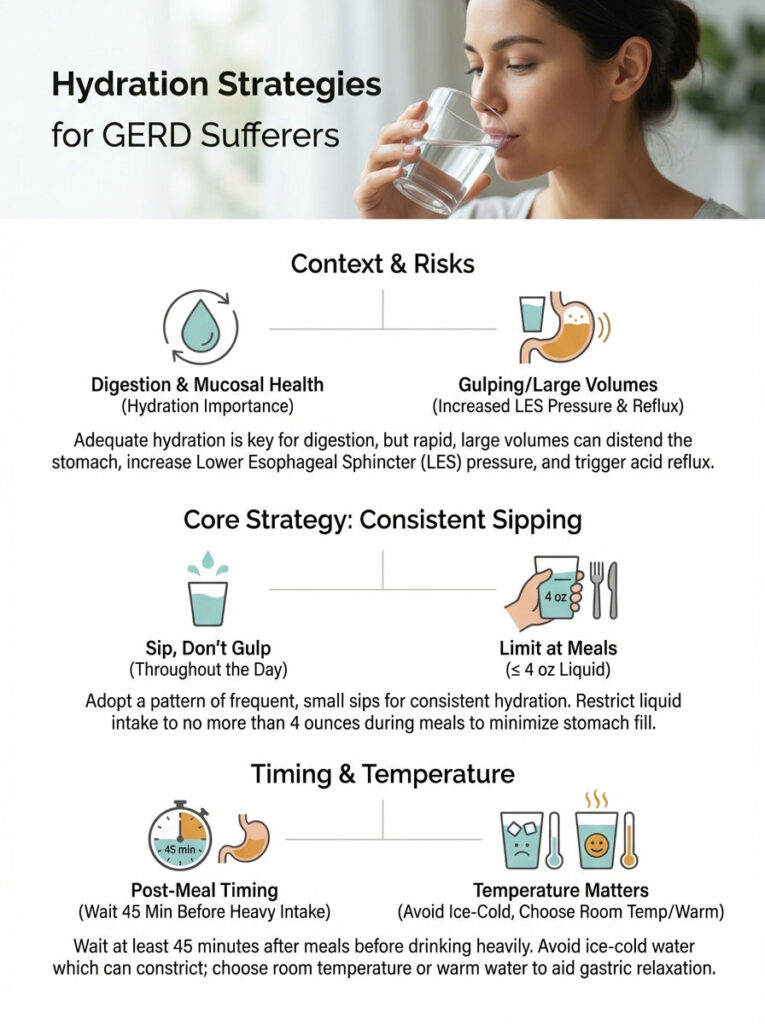 Infographic on hydration strategies for GERD sufferers, featuring tips on sipping, timing, and temperature.