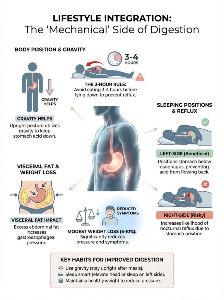 Infographic showing the mechanical side of digestion, including body position, gravity, and sleeping positions.