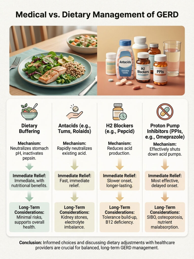 Infographic comparing dietary and medical management of GERD with visuals of food and medications, including charts and text.