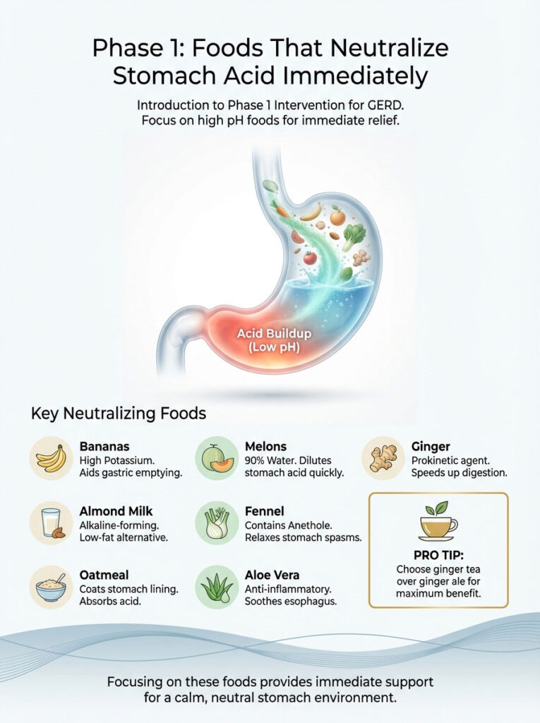 Infographic showing foods that neutralize stomach acid, including bananas, melons, and ginger with health benefits listed.