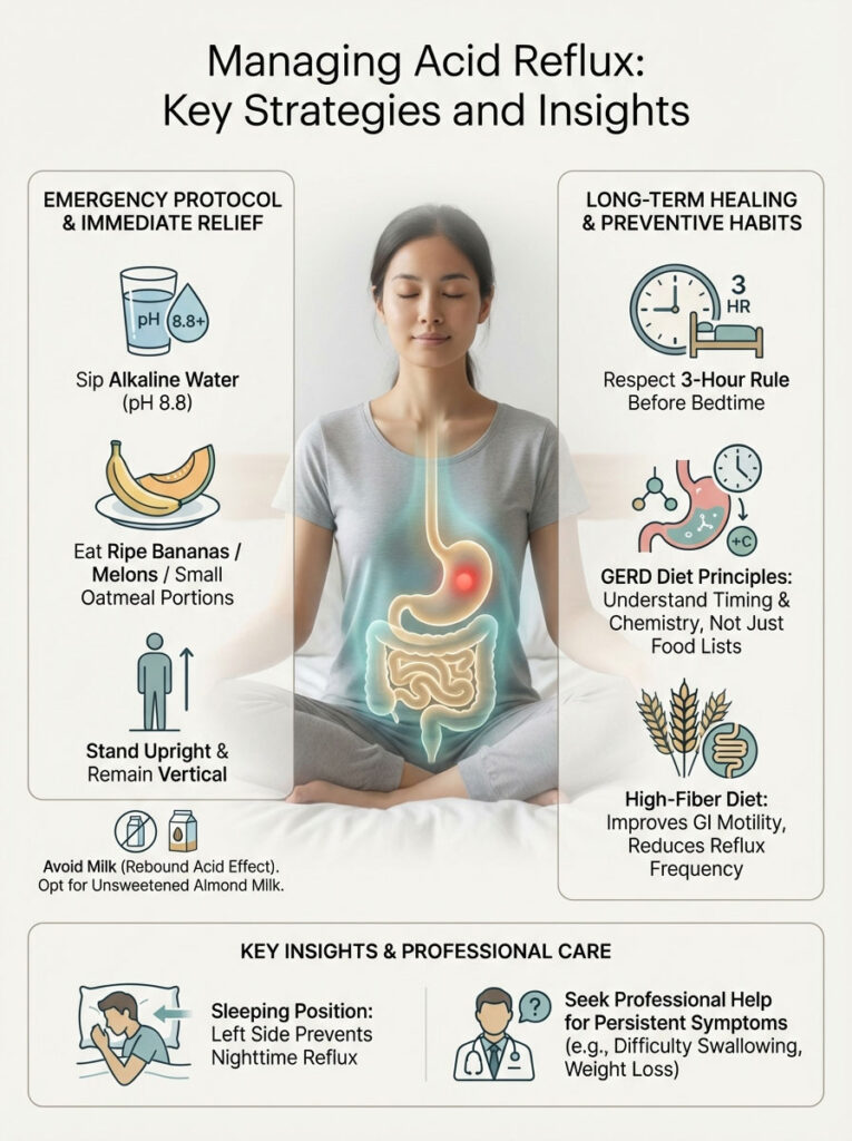 Woman meditating with digestive system illustration, tips for managing acid reflux, including diet and lifestyle changes. Infographic.