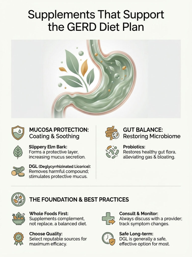 Infographic detailing supplements for the GERD diet, featuring icons and text on mucosa protection and gut balance.