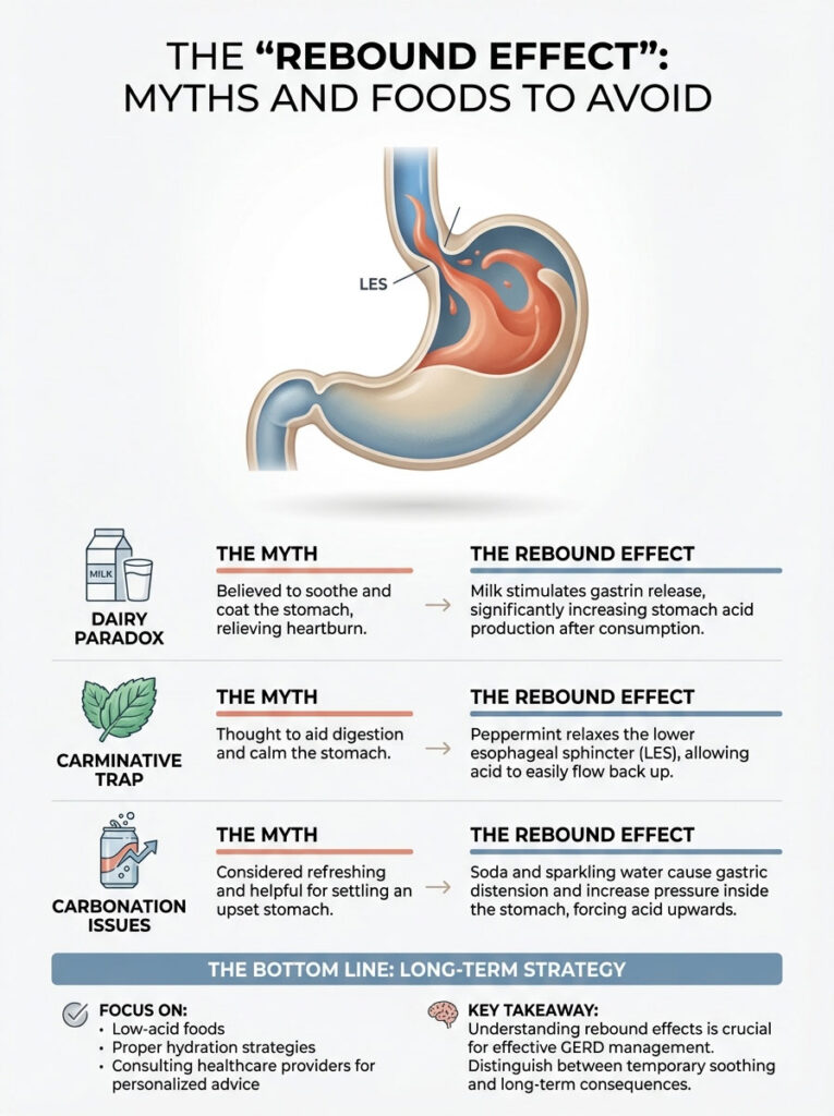 Infographic explaining the rebound effect of foods like milk, peppermint, and soda on stomach issues.