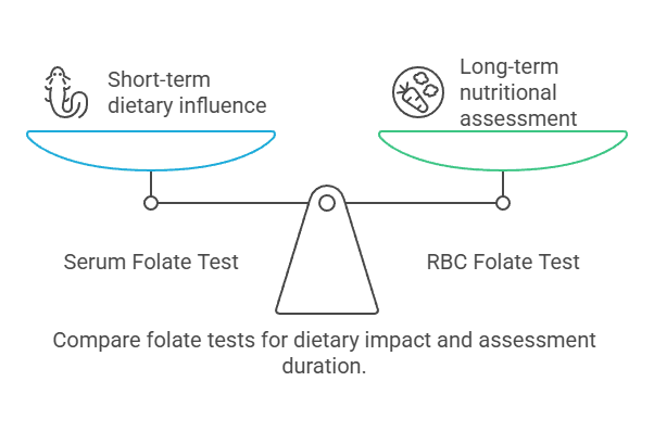 Compare folate tests for dietary impact and assessment duration