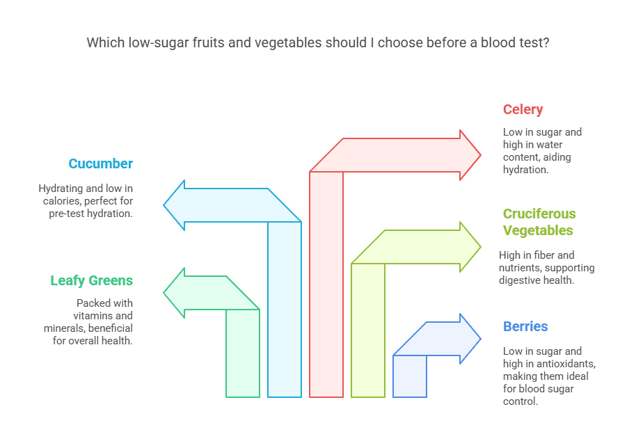 Which low-sugar fruits and vegetables should I choose before a blood test