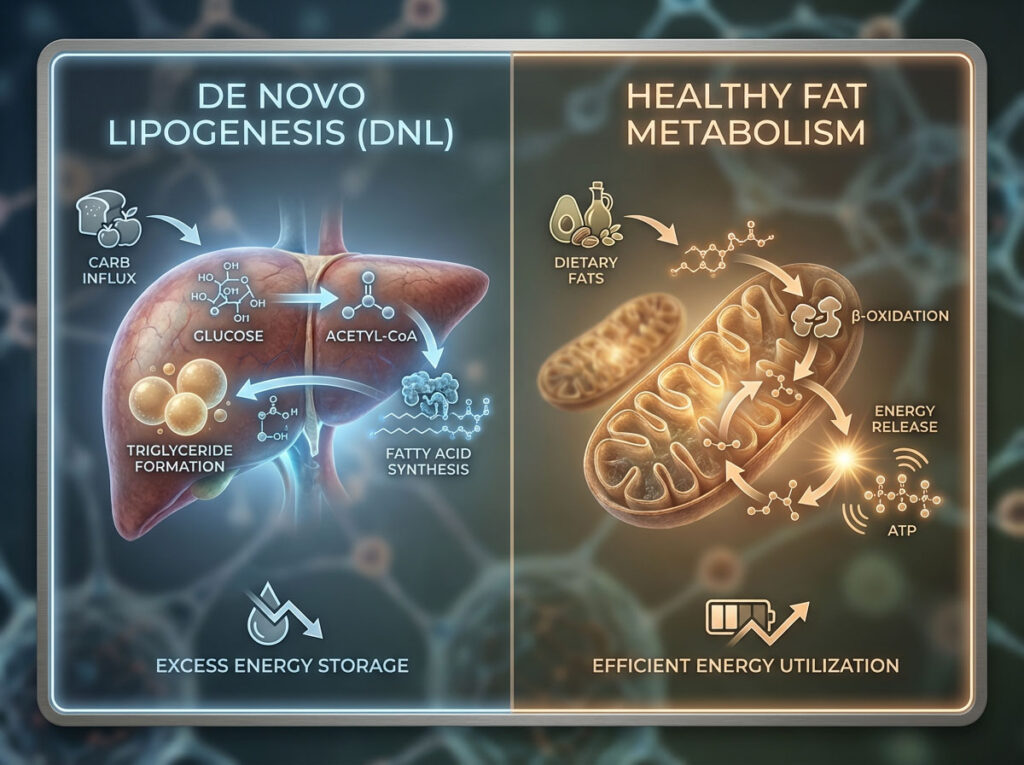 Diagram showing fatty liver de novo lipogenesis versus healthy fat metabolism in the mitochondria