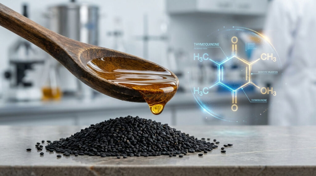 A wooden spoon holds golden oil above a mound of black seeds in a laboratory setting with scientific graphics.