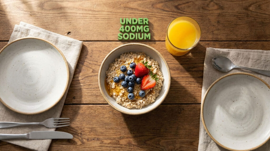 A bowl of oatmeal topped with strawberries and blueberries, with a glass of orange juice and text stating "Under 400mg Sodium."