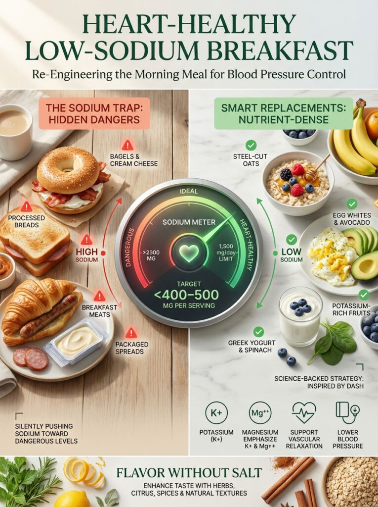 Infographic showing heart-healthy low-sodium breakfast options with a sodium meter and food illustrations.