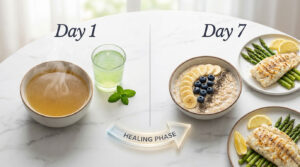 A comparison of healing foods on Day 1 and Day 7, featuring broth, green drink, oatmeal, and grilled fish with asparagus.