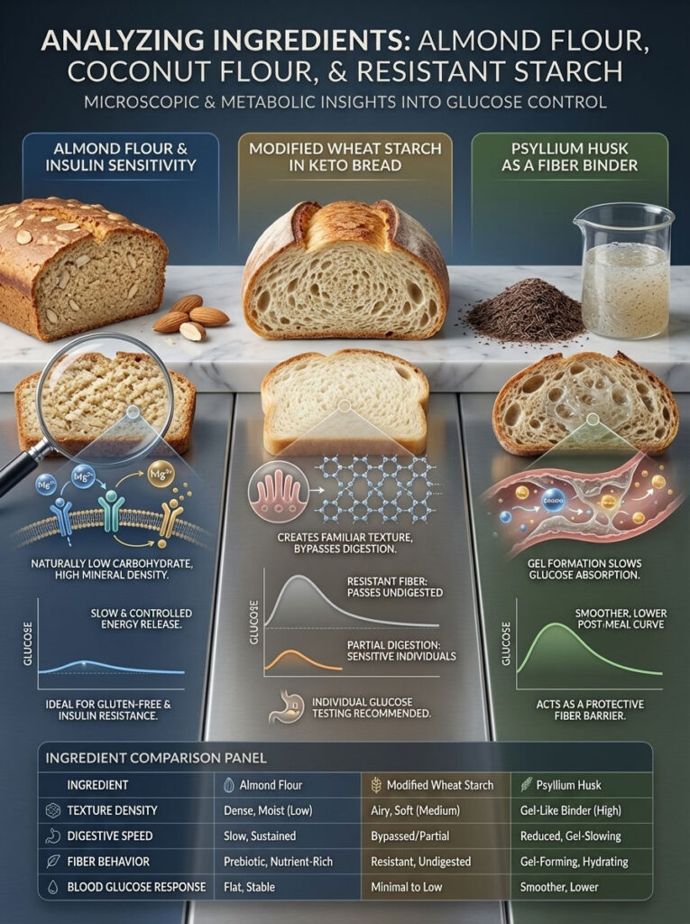 Infographic analyzing almond flour, coconut flour, and resistant starch with charts on glucose control and ingredient comparison.