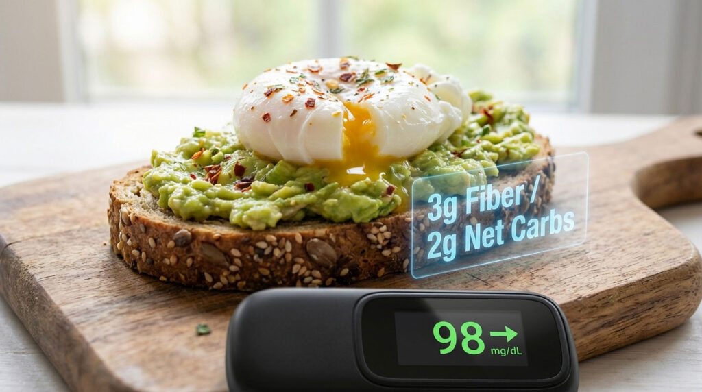A poached egg on avocado toast with 3g fiber and 2g net carbs displayed alongside a glucose meter reading 98 mg/dL.