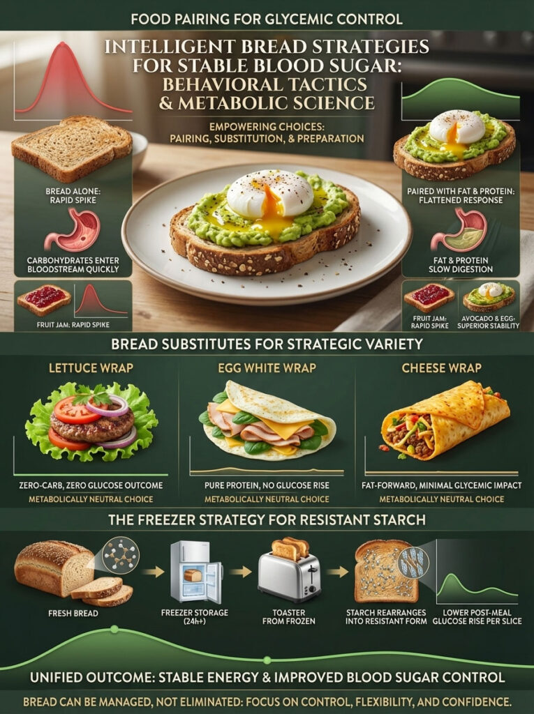 Infographic showing strategies for stable blood sugar with bread substitutes, graphs, and food pairings for glycemic control.