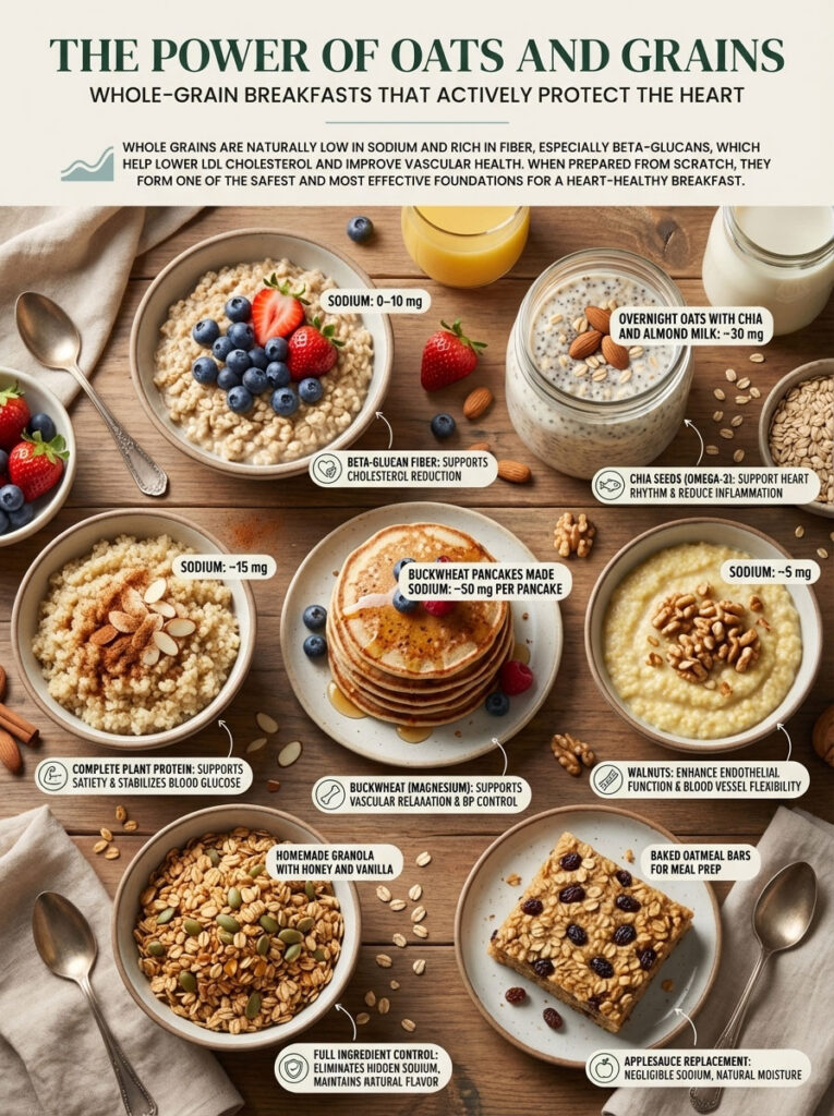 Infographic showing heart-healthy whole-grain breakfasts with sodium levels and health benefits of ingredients.