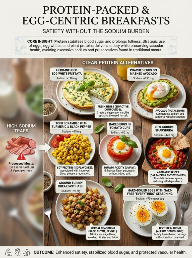 Infographic showing protein-packed breakfast options with sodium content, highlighting healthy alternatives and benefits.