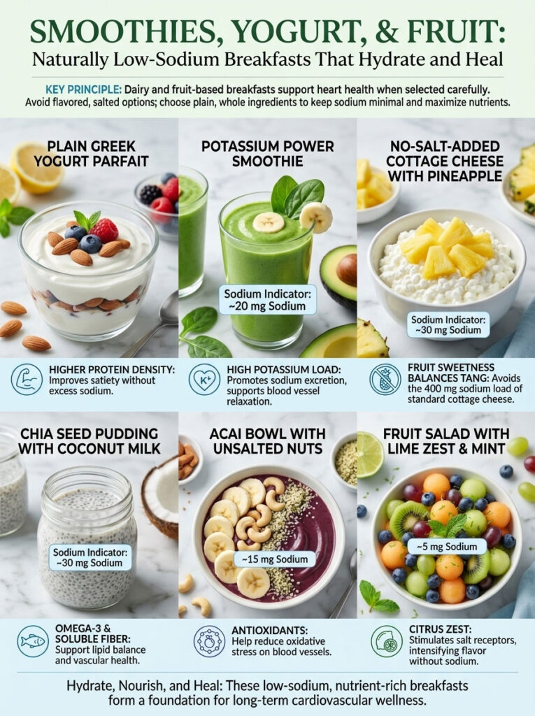Infographic showing low-sodium breakfast options with images of yogurt, smoothies, and fruits, including sodium indicators.