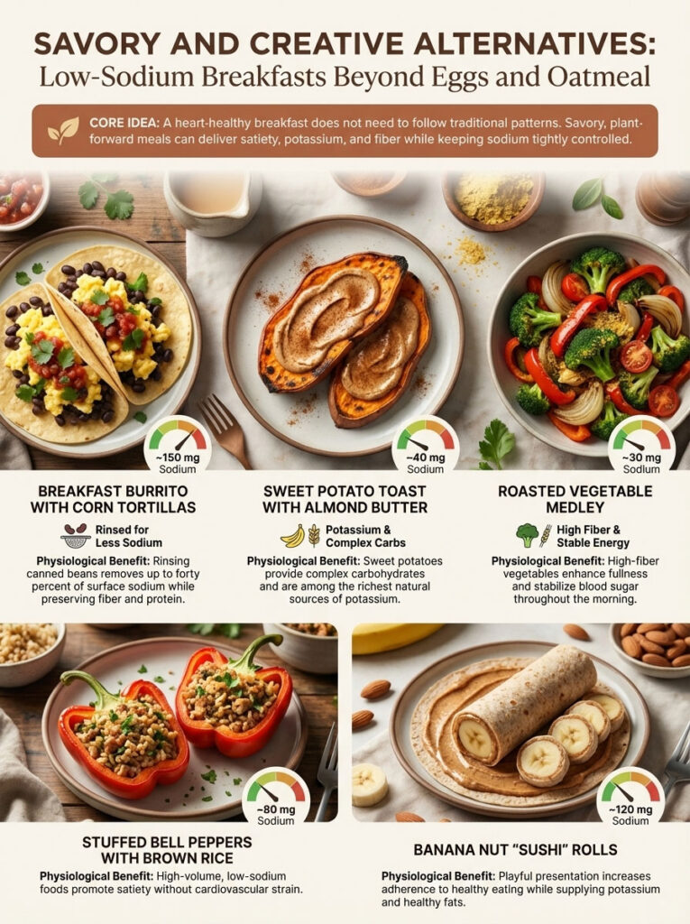 Infographic showing low-sodium breakfast alternatives with dishes, sodium content, and health benefits.