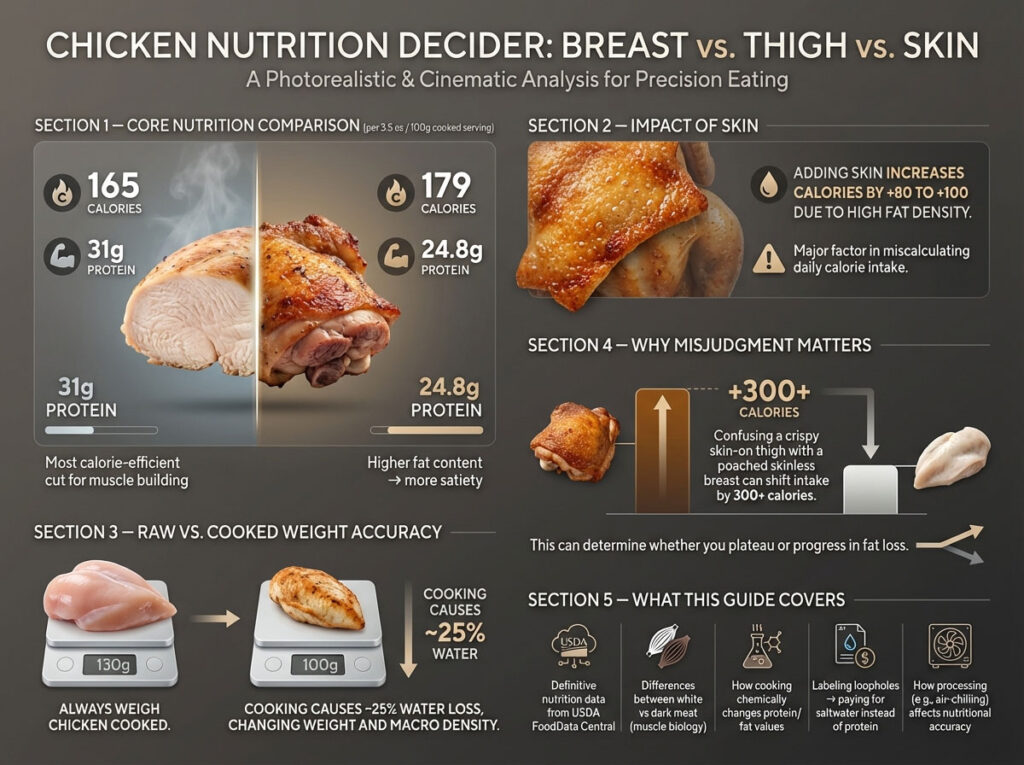 Chicken Calories Protein & Nutrition: Thigh, Breast, Wing, Skin & More