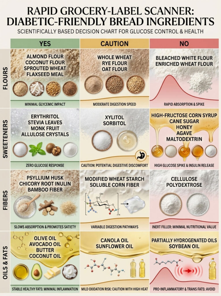 Infographic showing diabetic-friendly bread ingredients with categories: Yes, Caution, and No, including flours, sweeteners, fibers, and fats.