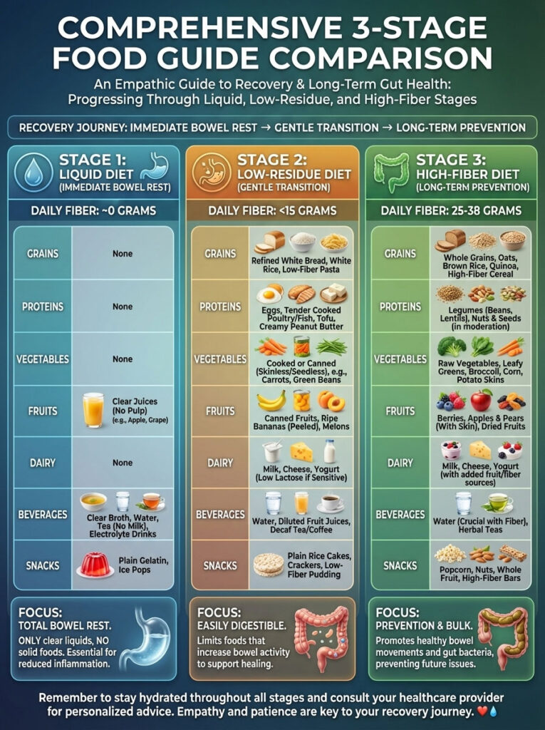 Comprehensive food guide infographic showing three diet stages: liquid, low-residue, and high-fiber with food examples.