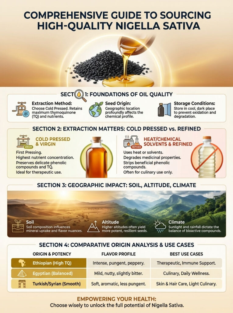 Infographic detailing sourcing high-quality Nigella sativa, including extraction methods, geography, and flavor profiles.