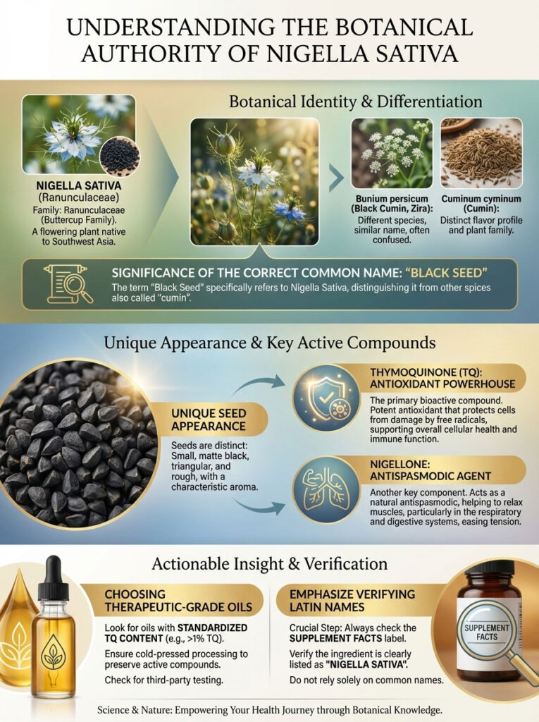 Infographic detailing Nigella Sativa, its identification, benefits, and key compounds with images and icons.