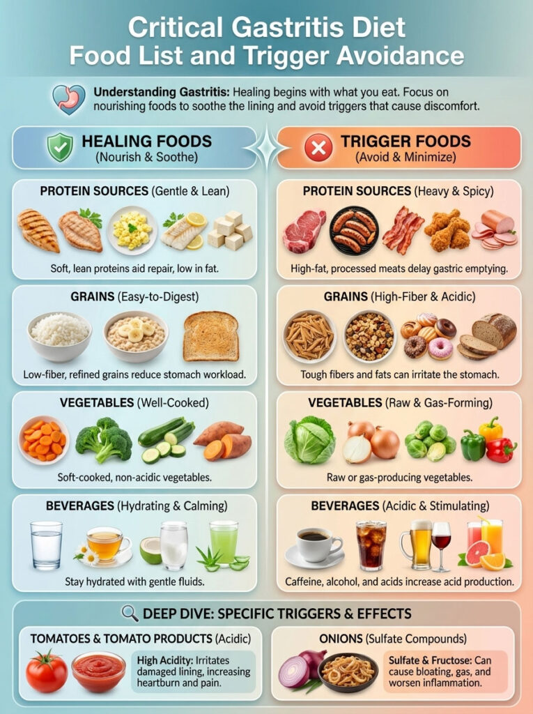 Infographic detailing critical gastritis diet with healing foods and trigger foods, including protein, grains, vegetables, and beverages.