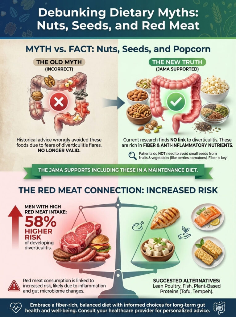 Infographic debunking dietary myths about nuts, seeds, red meat, and their health impacts with illustrations and statistics.