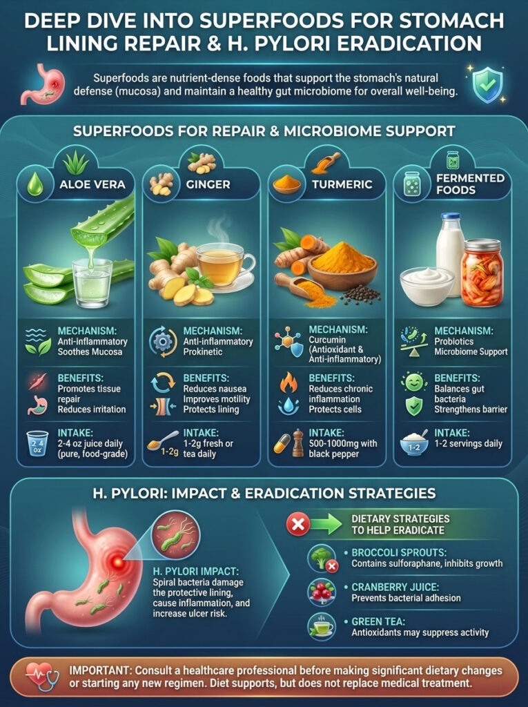 Infographic detailing superfoods for stomach lining repair and H. pylori eradication with benefits and intake recommendations.