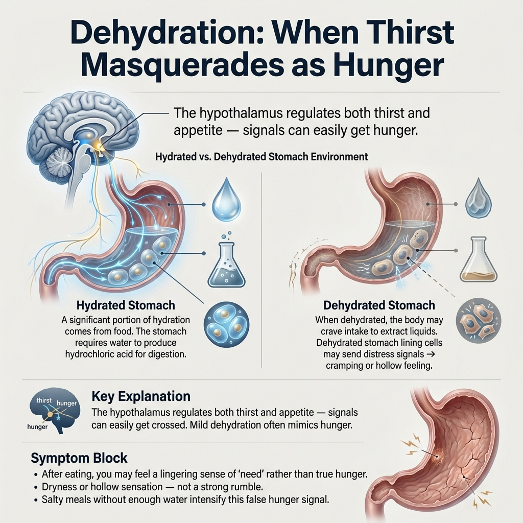 Dehydration and Thirst Masquerading as Hunger Pangs
