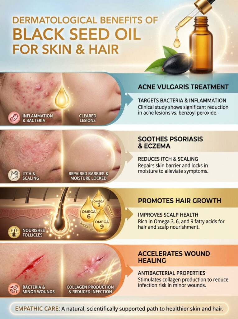 Infographic showing benefits of black seed oil for skin and hair, including acne treatment and wound healing.