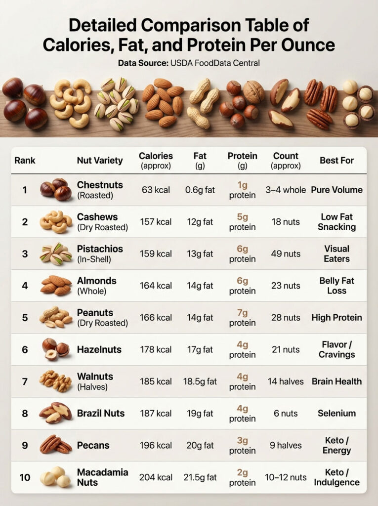 Detailed Comparison Table of Calories, Fat, and Protein Per Ounce