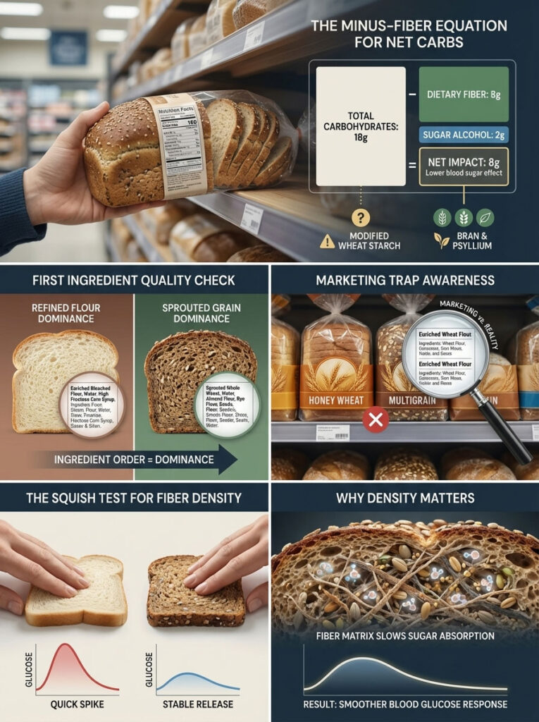 A hand holds a loaf of bread with nutritional info, comparing fiber density and ingredient quality in an infographic.