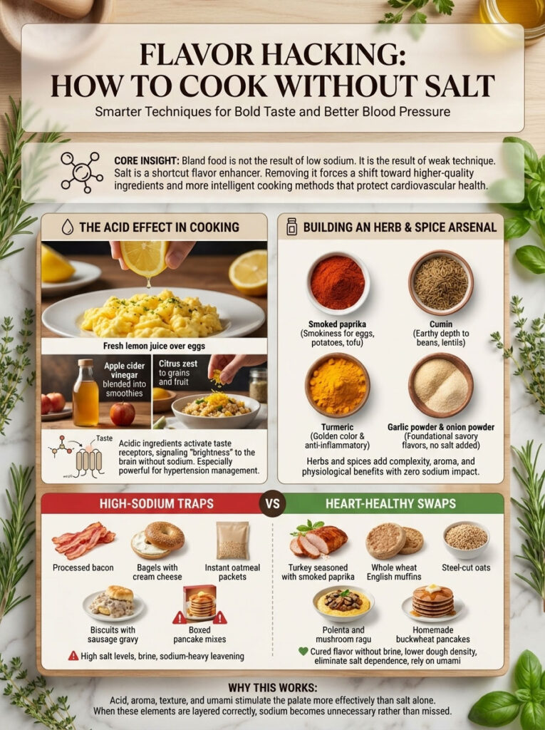 Infographic on cooking without salt, featuring techniques, high-sodium traps, and heart-healthy swaps.