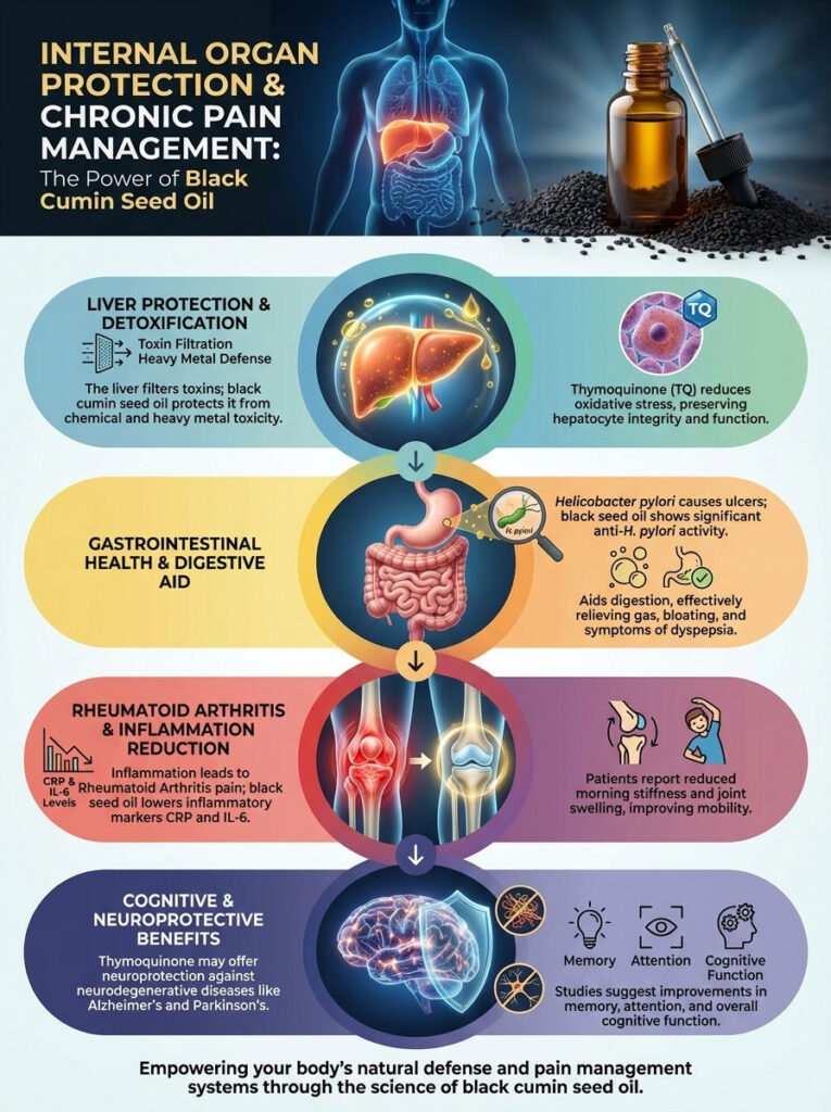 Infographic on black cumin seed oil benefits for liver, gastrointestinal health, arthritis, and cognitive function.