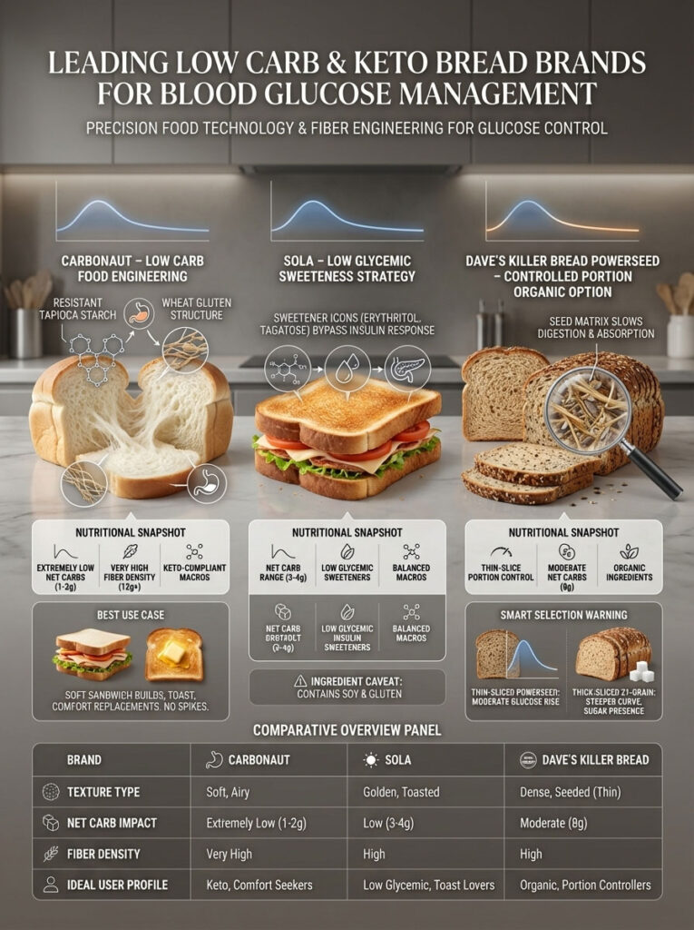 Infographic comparing low carb and keto bread brands with nutritional snapshots and ingredient details.
