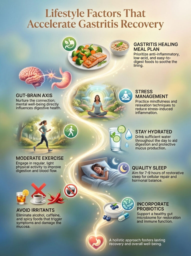 Infographic showing lifestyle factors for gastritis recovery, including meal plans, stress management, and hydration tips.
