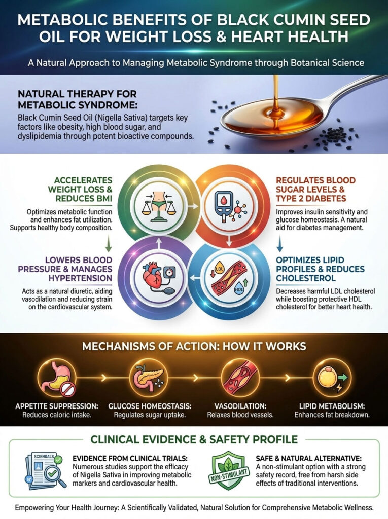 Infographic showing benefits of black cumin seed oil for weight loss and heart health, including charts and icons.