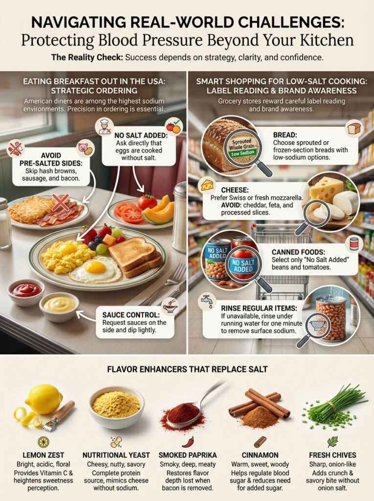 Infographic on managing blood pressure with low-salt eating strategies, featuring food examples and tips.
