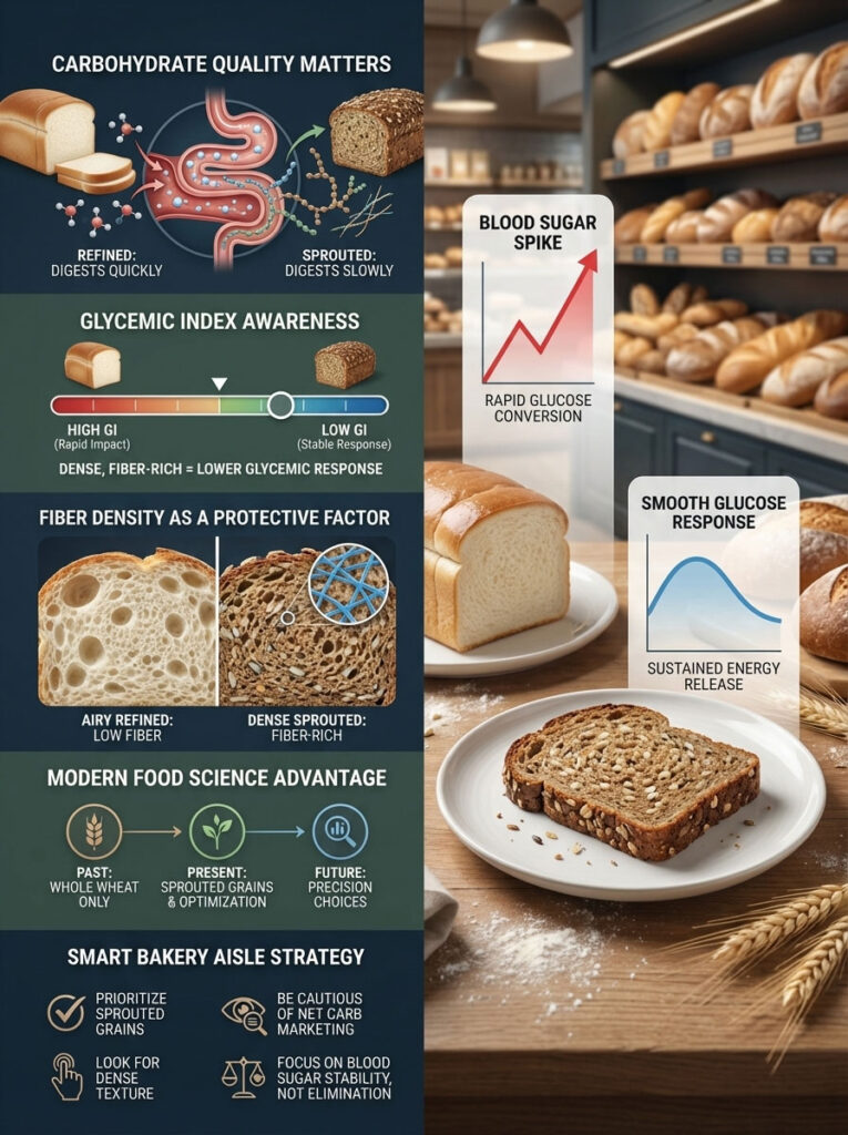Infographic showing carbohydrate quality, glycemic index, and fiber density with bread images and graphs.