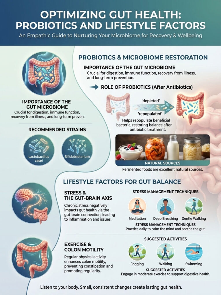 Infographic on optimizing gut health with probiotics, lifestyle factors, and recommended strains like Lactobacillus casei.