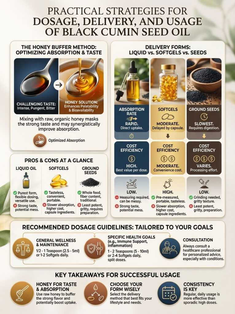 Infographic detailing strategies for black cumin seed oil dosage, delivery methods, and key takeaways with charts and icons.