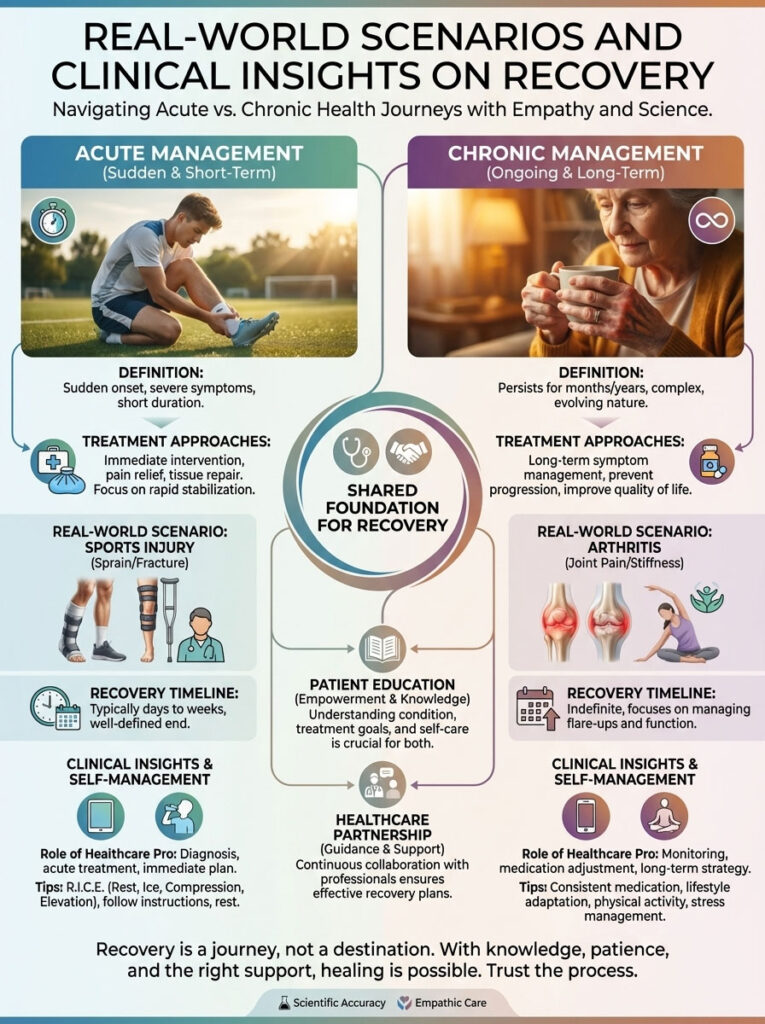 Infographic comparing acute and chronic health management, featuring definitions, treatment approaches, and recovery scenarios.
