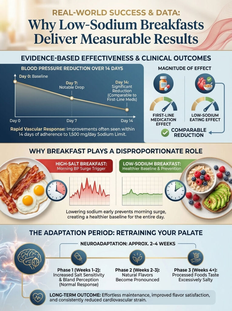 Infographic showing blood pressure reduction from low-sodium breakfasts, with charts and adaptation phases.