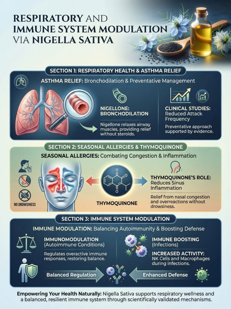 Infographic on respiratory health and immune modulation via Nigella sativa, featuring lungs, Thymoquinone, and immune system icons.