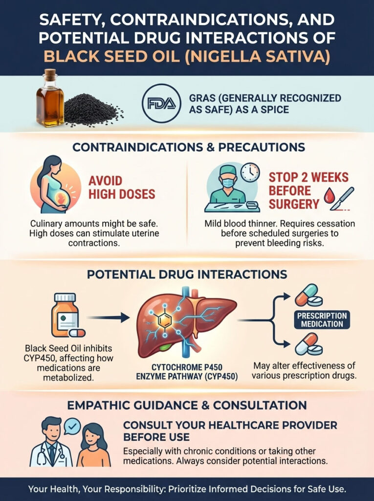 Infographic on black seed oil safety, contraindications, drug interactions, and consultation advice with icons and text.