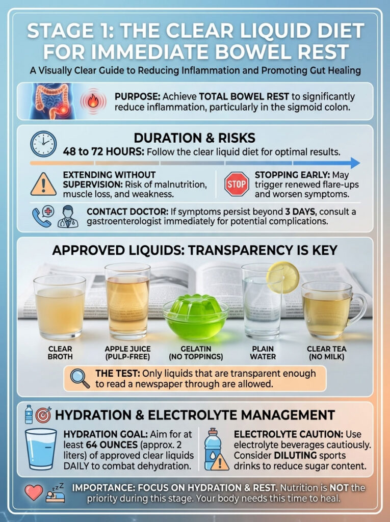 Infographic detailing a clear liquid diet for bowel rest, including approved liquids and hydration tips.